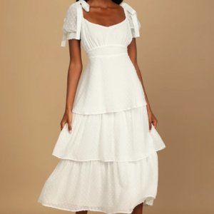 Always Beside Me White Swiss Dot Tiered Midi Dress